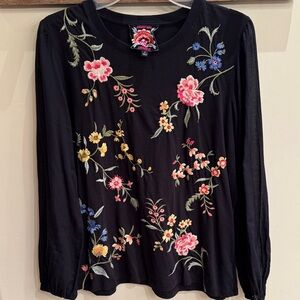 Johnny Was Black Blouse with Floral Embroidery